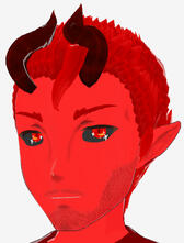 PNGTuber frame of a person with pointy ears, red hair, red eyes, and fangs.