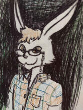 Rough pen sketch of an anthropomorphic humanoid rabbit. Wearing oval eye-glasses with a chain that goes around his neck. He's wearing a checkered flannel shirt and is standing in a black background. This is Jack.