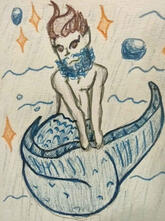 A pen drawing of a merman underwater. He has short hair that's longer on the top. A bright blue glittering beard. Make-up that accentuates his eyelashes. He has a blue mermaid tail, and is holding onto the bottom of his fins. Orange sparkles and blue bubbl